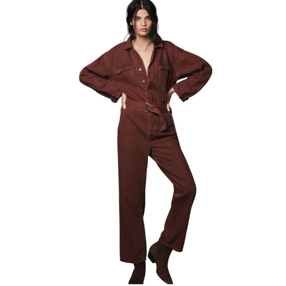 Etica Larsen Utility Jumpsuit, size Medium, red washed denim. NWOT